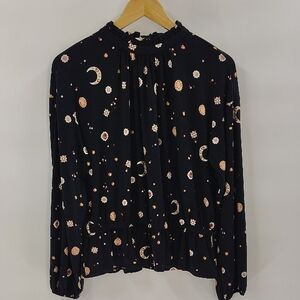 Ann Taylor Blouse Med Black Jewel Celestial Moon Long Sleeve Elastic Waist Cuffs